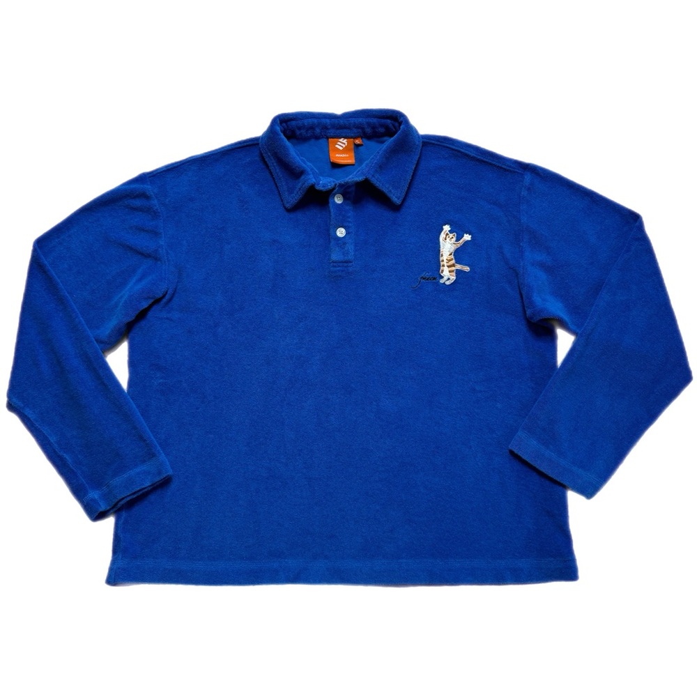 Urban Outfitters Men’s Cobalt Blue Terry Cat Embroidered Oversized Polo S